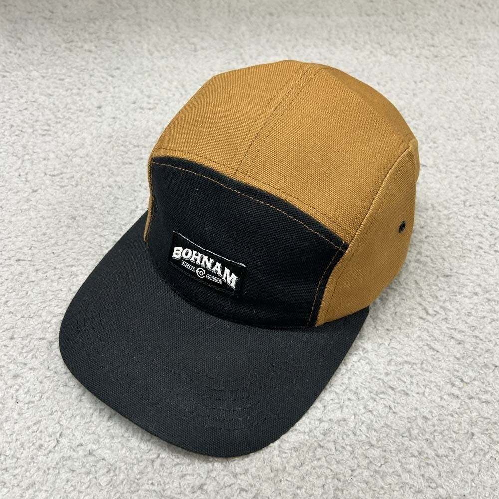 Bonham Hat One Size 5 Panel Camper Cap Brown Black Canvas Strapback Streetwear